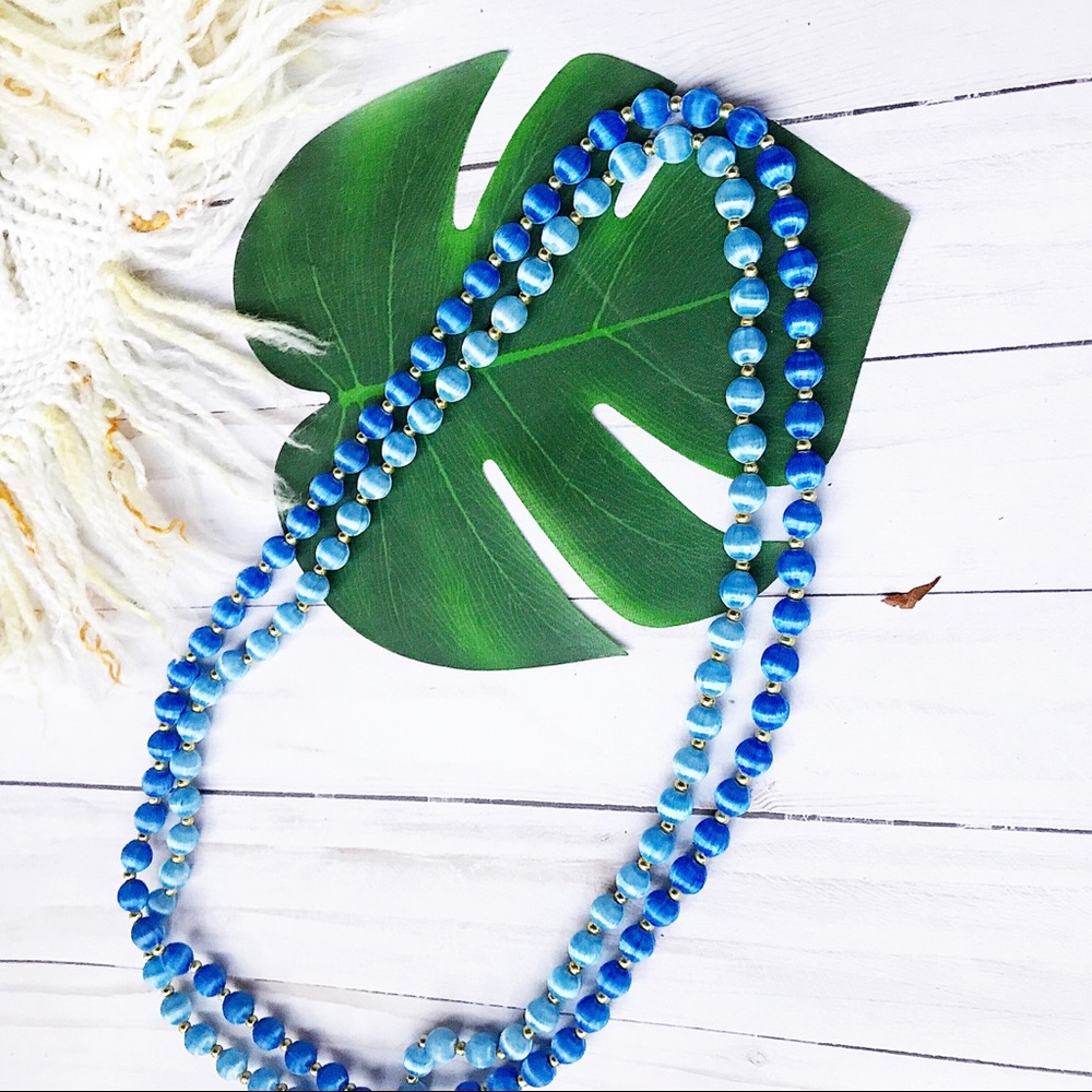 (2) 60's String Art Ocean Blue Beaded Necklace - Picture 3 of 5